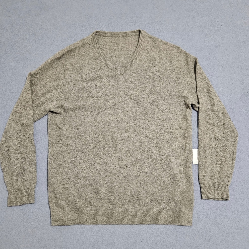 Mens Grey 100% Cashmere V Neck Sweater XL Tall Long Sleeve Casual Luxury